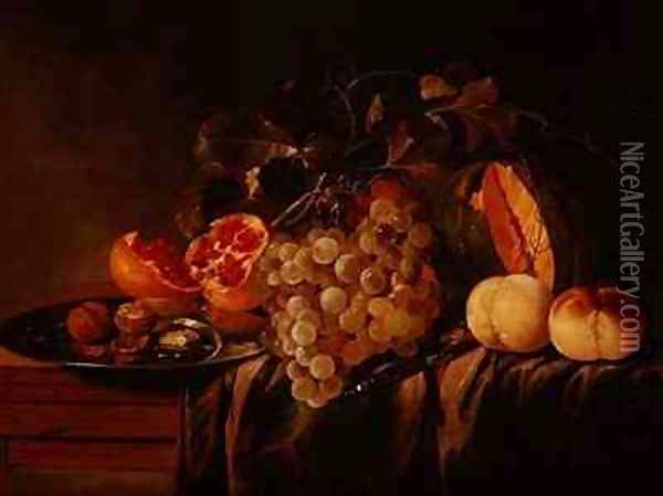 Still life of melon grapes pomegranate walnuts on a pewter plate and peaches Oil Painting - Jasper Geerards