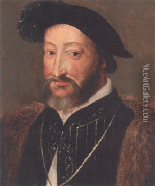 Portrait Of Francois I, King Of France, Bust-length, In A Black Coat With Gold Embroidery And A Black Hat Oil Painting - Francois Clouet