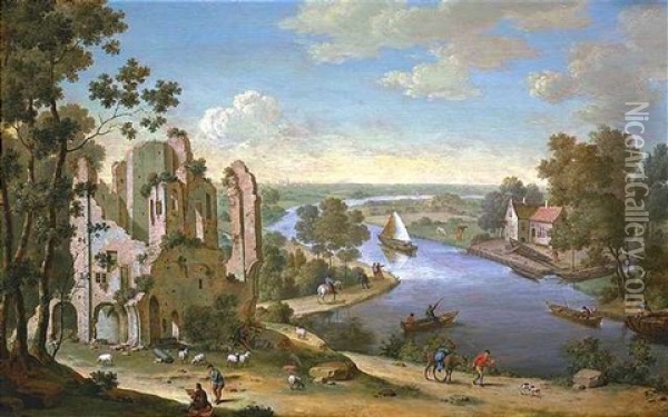 Flusslandschaft Mit Booten Und Einer Ruine Oil Painting - Willem van Mieris