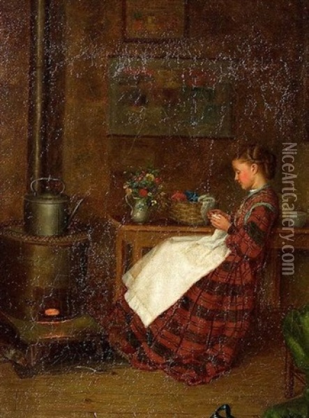 Mending Fireside Oil Painting - William Henry Snyder