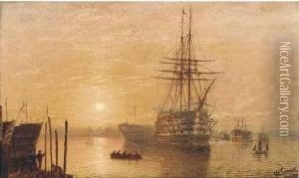 Victory Lying On Her Permanent Mooring At Portsmouth Atdusk Oil Painting - Isaac Walter Jenner