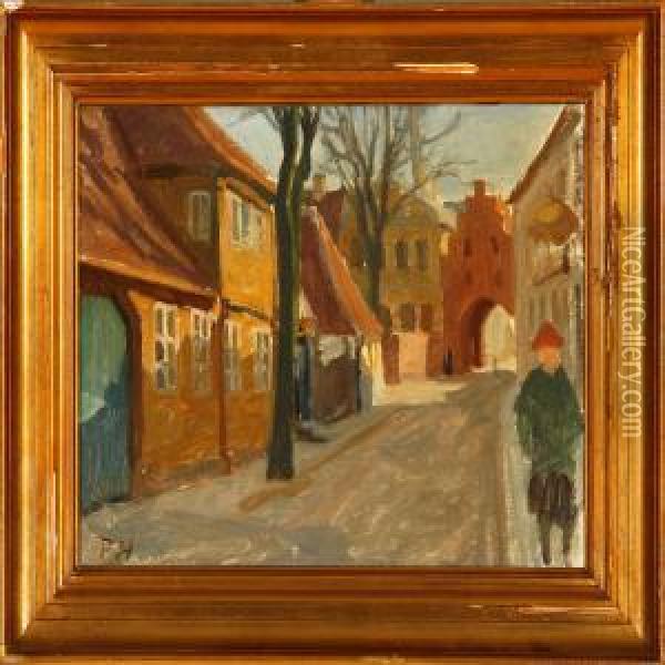Street Scene, Faaborg Oil Painting - Peter Marius Hansen