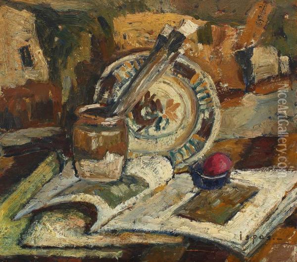 Still Life With Books And Brushes Oil Painting - Ioan Ispas