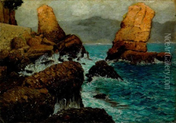Waves Crashing On A Rocky Coast Oil Painting - Hermann Herzog