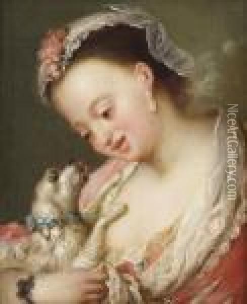 An Elegant Young Girl, 
Bust-length, In A Pink Dress With White Laceand A Bonnet, Cuddling A Dog Oil Painting - Jean-Baptiste Le Prince