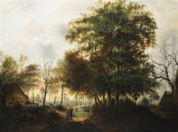 Wooded Landscape With Figures And House Oil Painting - Willem De Klerk