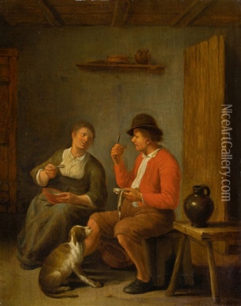 Peasant Couple With Dog, Eating A Meal Oil Painting - Adriaen Jansz van Ostade