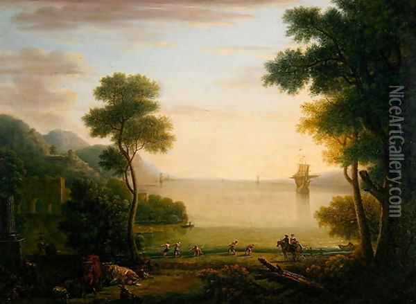 Classical landscape with figures and animals, Sunset, 1754 Oil Painting - John Wootton