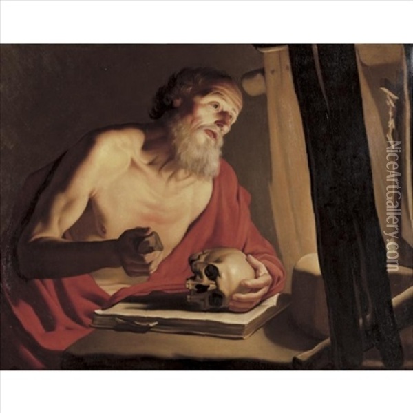 Saint Jerome With A Skull And Crucifix Oil Painting -  Caravaggio
