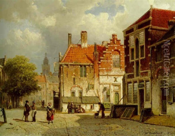 Figures In A Dutch Town Square Oil Painting - Willem Koekkoek