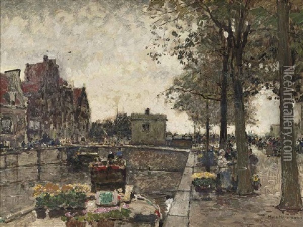 Flower Market, Amsterdam Oil Painting - Hans Herrmann