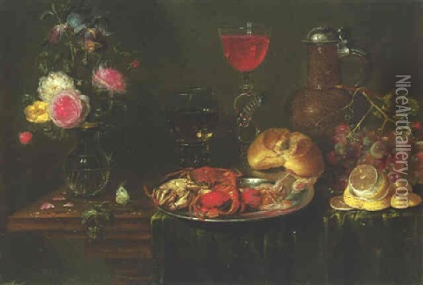 Still Life With Crabs, Flowers In A Vase, Fruit And Bread Oil Painting - Alexander Adriaenssen the Elder