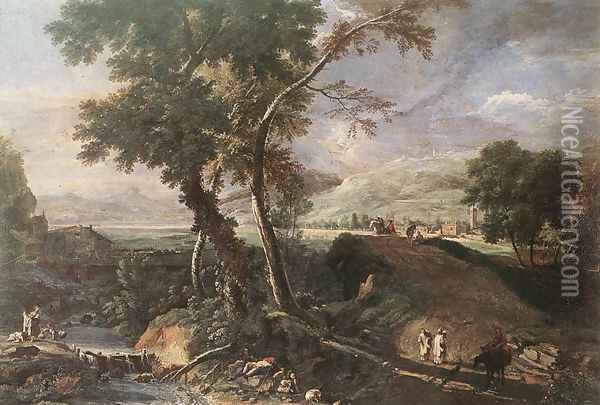 Landscape with River and Figures c. 1720 Oil Painting - Marco Ricci