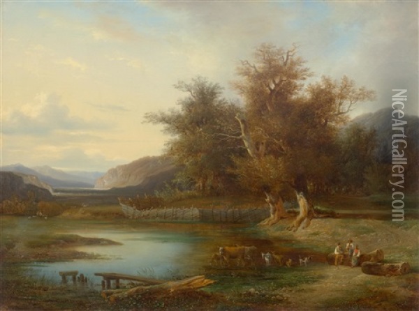 A Vast Landscape With Shepherds And Animals By A Water Oil Painting - Francois Diday