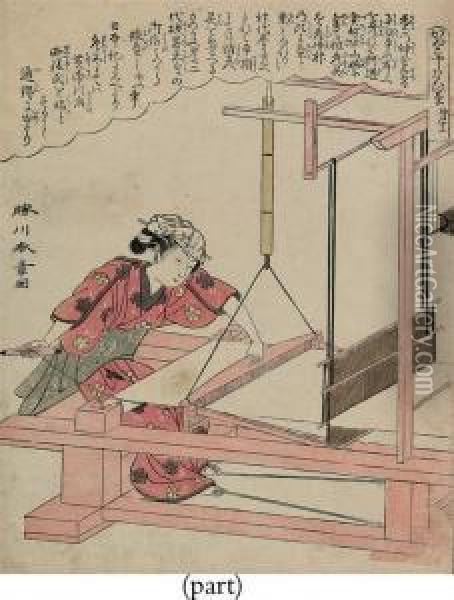 A Woman Weaving Oil Painting - Katsukawa Shunsho