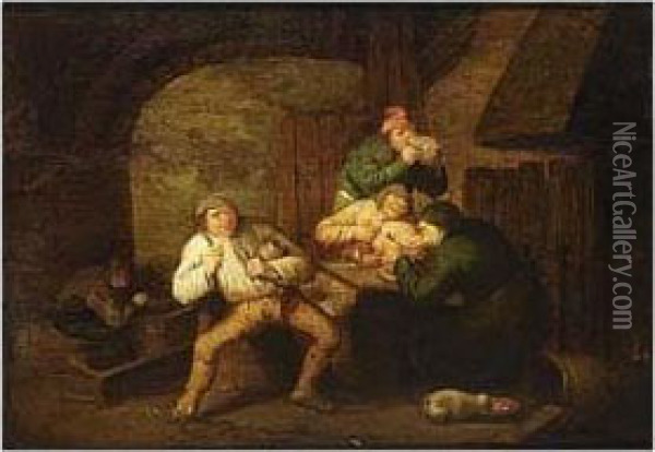 Peasants Drinking, Eating And Smoking In An Interior Oil Painting - Isaack Jansz. van Ostade