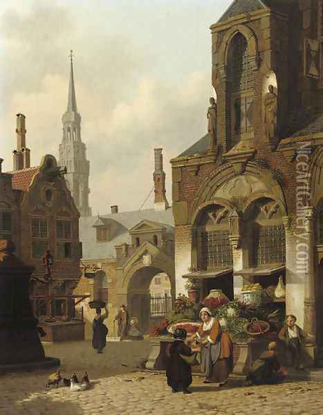 A market stall in a sunlit street Oil Painting - Jan Hendrik Verheyen