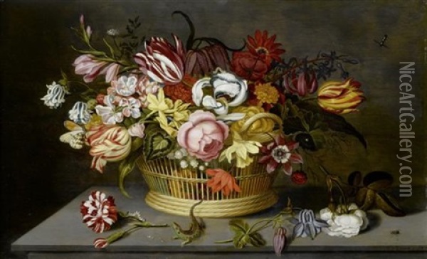 Blumenstilleben In Einem Flechtkorb Mit Insekten Auf Einem Tisch Oil Painting - Ambrosius Bosschaert the Younger