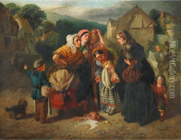 Village Women Comforting The Child Who Broke The Milk Jug Oil Painting - Edward Charles Barnes