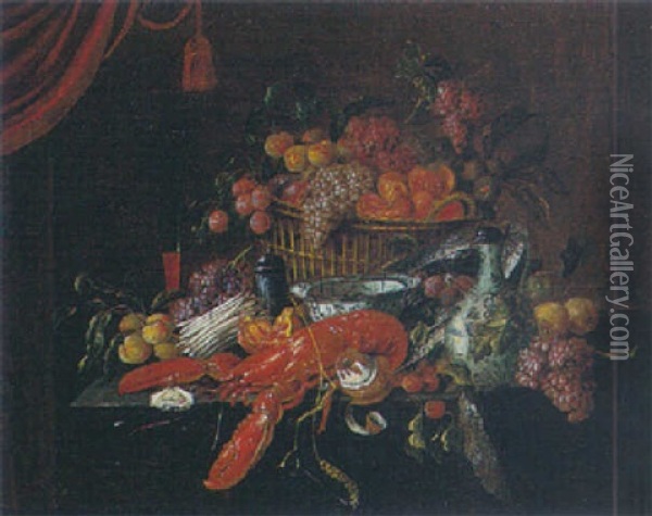 Still Life With A Basket Of Fruit, A Crayfish, Blue And White Bowl And Ewer, An Oyster And Fruits On A Table Oil Painting - Jan Pauwel Gillemans the Younger