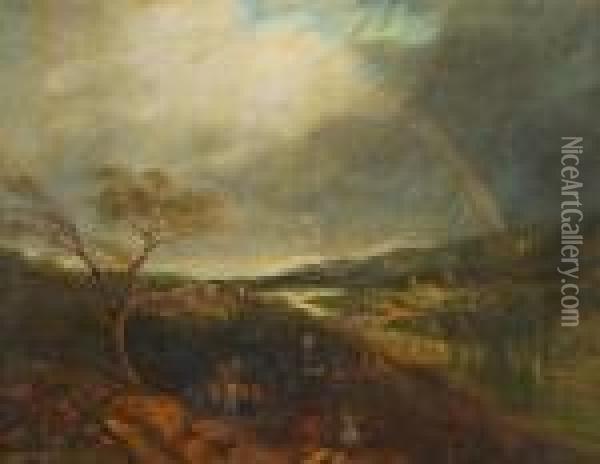Travellers In Anextensive River Landscape Oil Painting - John Constable