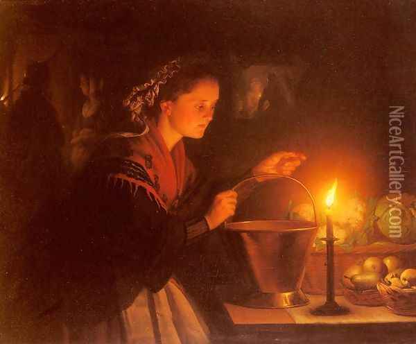 A Market Scene By Candlelight Oil Painting - Petrus van Schendel