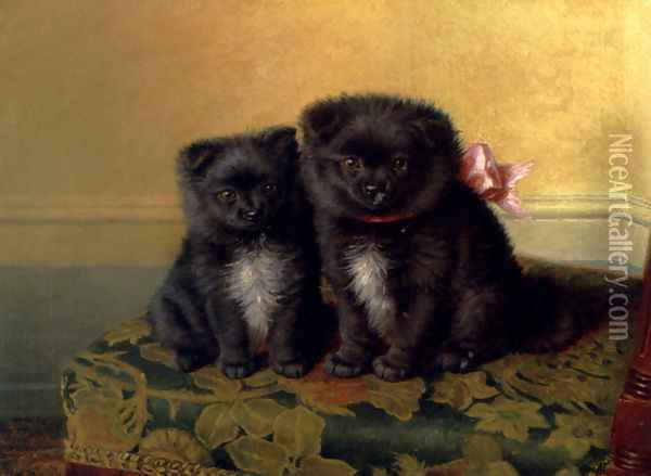 Two Chow Pups Seated On A Chair In An Interior Oil Painting - Horatio Henry Couldery