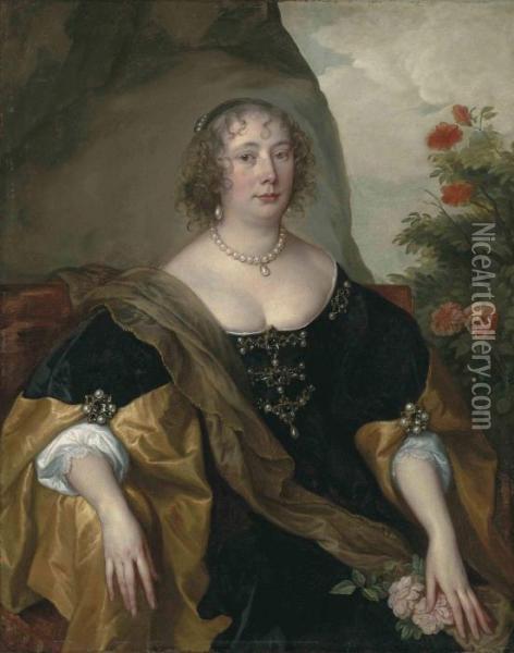 Portrait Of Beatrice, Countess 
Of Oxford, Half-length, Seated, In Ablack Velvet Dress Lined With Gold 
Silk, A Brown Mantle And Jewels,in A Landscape By A Rose Bush Oil Painting - Sir Anthony Van Dyck