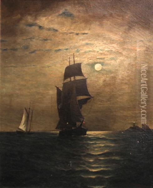 Moonlit Ship At Sea Oil Painting - R. Holland