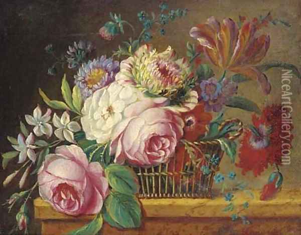 Roses, tulips and other flowers in a basket on a ledge Oil Painting - Jan Frans Van Dael