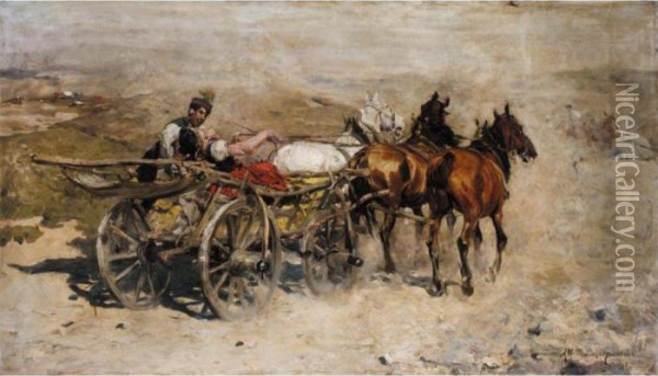 Troika On A Dusty Road Oil Painting - Alfred Wierusz-Kowalski