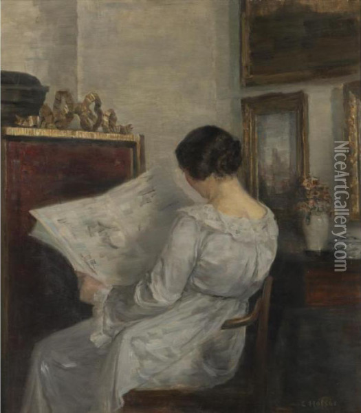 Woman Reading The Newspaper Oil Painting - Carl Vilhelm Holsoe