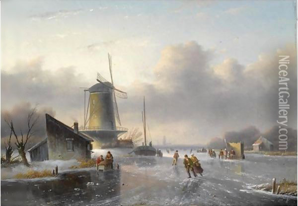 Skaters On A Frozen River, A 'Koek En Zopie' In The Distance Oil Painting - Jan Jacob Coenraad Spohler