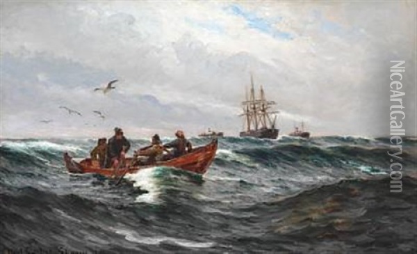Fishermen In Their Rowing Boat At Sea Oil Painting - Carl Ludvig Thilson Locher