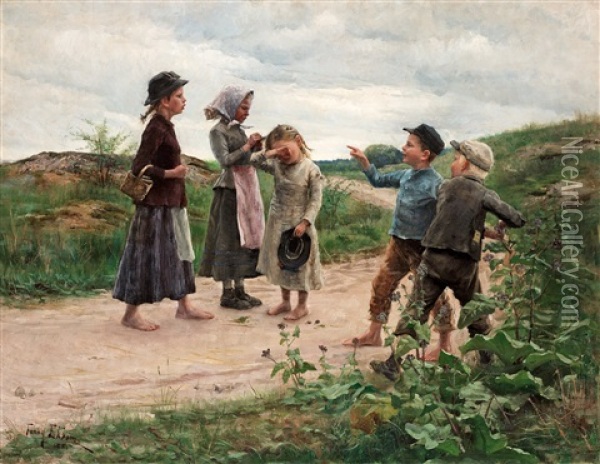 Teasing Children Oil Painting - Fanny Ingeborg Matilda Brate