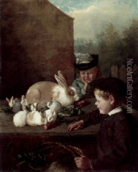 Children Feeding A Family Of Rabbits Oil Painting - William Geddes