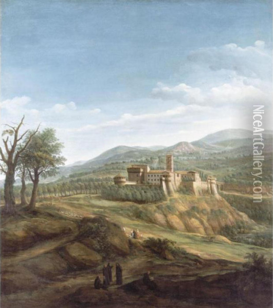 A View Of The Abbey Of Saint 
Nilus At Grottaferrata With Monks Conversing In The Foreground Oil Painting - (circle of) Wittel, Gaspar van (Vanvitelli)