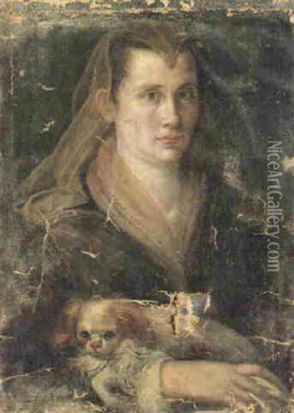 Portrait Of A Lady Wearing A Headdress And Holding A Dog Oil Painting - Scipione Pulzone