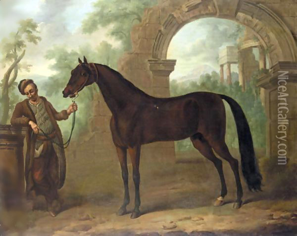 The Great Stallion, The Godolphin Arabian, In An Architectural Landscape Held By A Groom Oil Painting - John Wootton