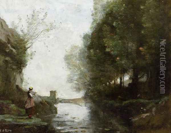 Le cours d'eau à la tour carrée (Watercourse leading to the square tower) Oil Painting - Jean-Baptiste-Camille Corot