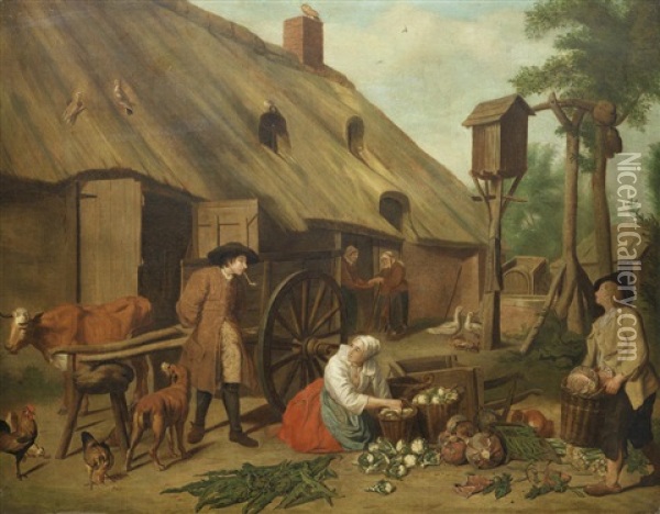 Figures With Baskets Of Vegetables Before A Barn Oil Painting - Jan Josef Horemans the Elder