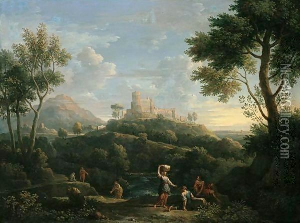 A Southern Landscape With Figures In The Foreground And A Hill-Top Town Beyond Oil Painting - Jan Frans Van Bloemen (Orizzonte)