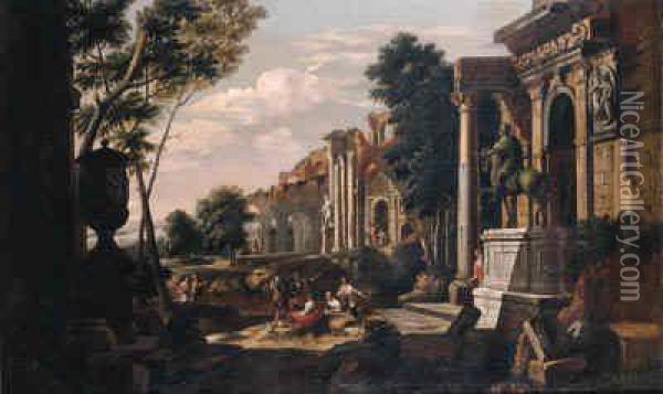 Capriccio's Of Roman Ruins With Beggars Meeting Tourists Andsoldiers Giving Directions To Travellers Oil Painting - Johann Oswald Harms