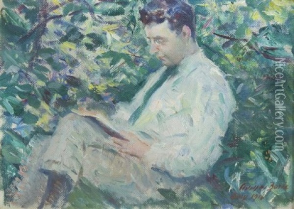 Man Reading In The Garden Oil Painting - Adolphe Borie
