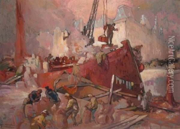 Dock Workers Oil Painting - Hal (Henry William Lowe) Hurst