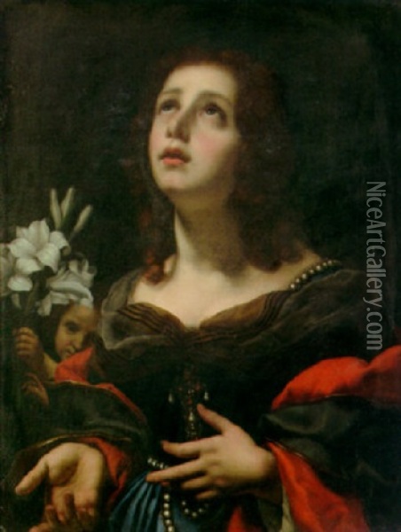 A Portrait Of A Female Saint With A Cherub Holding Lillies Oil Painting - Carlo Dolci