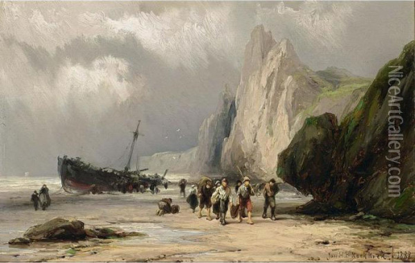 A Coastal Scene Oil Painting - Johannes Hermann Barend Koekkoek