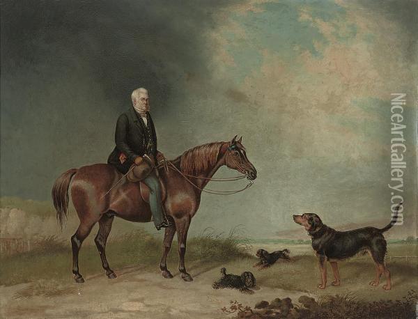 A Country Gentleman Seated On His Chestnut Hunter, With Dogsbelow Oil Painting - Augustus S. Boult