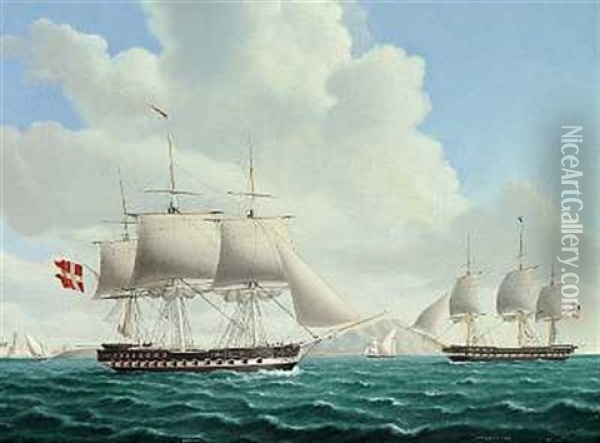 Den Danske Fregat "barham" Og Den Amerikanske Fregat "constitution" (ud For Kysten Ved Gibraltar?) Oil Painting - Jakob Petersen