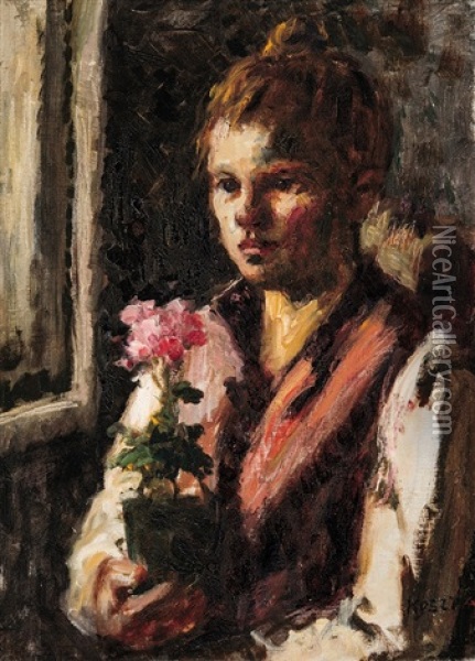 Girl With Geraniums Oil Painting - Jozsef Koszta